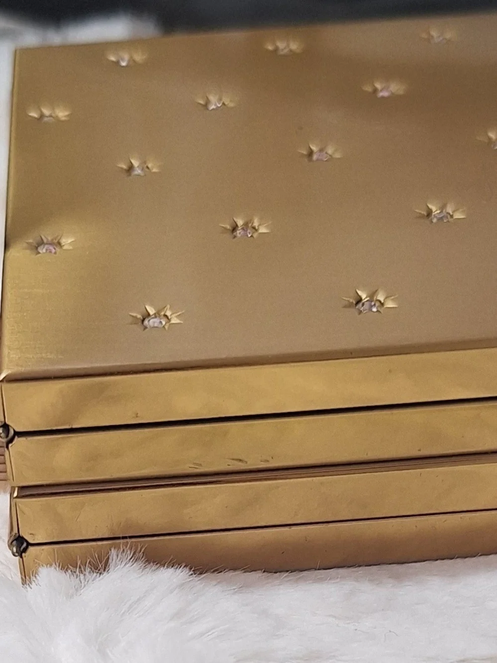 Gold Tone Starburst Rhinestone MCM Embellished Box Compact Clutch Mirror Handbag